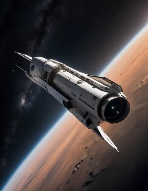 A (sleek spacecraft:1.3), (futuristic design:1.2), gliding through the (starry cosmos:1.1), (hyper-modern aesthetics:1.2), metallic sheen, (engine thrusters aglow:1.1), cutting-edge propulsion, (interstellar travel:1.3), minimalist lines, advanced alloys, high-contrast against the void, deep space exploration, (Canon EOS R5, 1/1250s, f/8, ISO 200:1.1), conceptual velocity, (visualized silence of space:1.2), precision engineering, HDR photography, imagined tomorrow, professional grade,