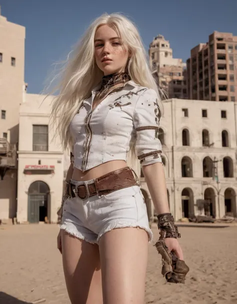 A photo of a (young girl:1.3), (long white hair:1.1), (freckles:1.1), wearing a (cowgirl outfit:1.3), (contrasting against the backdrop of a 3000 future city:1.2), with (Western-inspired clothing and accessories:1.2), (neo-classical architecture towering above her:1.1), (dust from the desert streets swirling at her feet:1.1), (ultra-high definition resolution:1.1), (captured using a Sony A7S III:1.1), 1/250s, f/5.6, ISO 500, (deep contrast of light and shadow:1.1), (edited in Capture One:1.1), professional grade.
