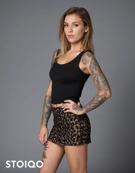 A photo of a (young tattooed girl:1.3) wearing a black top and skirt, (full body shot:1.2), poised for a magazine cover, professional grade, modern fashion, vibrant ink details, confident stance, high resolution, editorial style, Canon EOS-1D X Mark III + EF 24-70mm f/2.8L II USM, 1/1250s @ f/3.5, ISO 100, sharp focus, contemporary backdrop, stylish attitude, magazine-ready pose,
