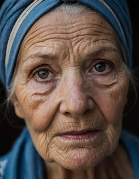 (Deeply wrinkled skin:1.3), (elderly woman:1.2), (penetrating gaze:1.1), blue headwrap, textured face, (rich storytelling:1.2), portrait, (soulful eyes:1.1), dark background, natural light, high detail, (strong character:1.2), Canon EOS 5DS, 1/180s, f/3.5, ISO 800, (expressive lines:1.2), (weathered life experience:1.1), close-up, (vivid contrast:1.1), (subdued warmth:1.1), timeless visage,