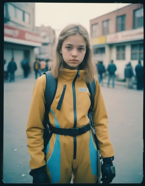 analog photo, a cute girl, bihari, 18 years old, light brown hair, petite, small tits, ski suit, zoom layer cyberpunk city, vintage, faded film, film grain, polaroid, (white frame:0.9)