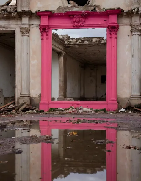A photo capturing (reflected classical art:1.3) in (standing water:1.2), (juxtaposition of destruction and beauty:1.3), (vivid pink against muted tones:1.2), amidst (ruins of elegance:1.3), scattered debris, (damaged frames:1.1), (mirror-like reflections:1.2), contrast of (preservation and decay:1.3), solemn aftermath, historic (art in a modern plight:1.2), Leica Q2, 1/60s, f/2.8, ISO 800, conceptual depth, serene stillness, narrative of nature's claim, lost grandeur, haunting ambiance, subdued lighting, story in stillness, RAW format, poignant gallery of time's impact.