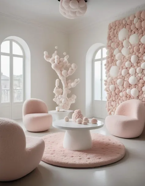 A photo of a (surrealist villa room:1.3), entirely sculpted from marshmallows, (luxurious modern design:1.2), (fluffy white walls:1.1), marshmallow furniture, soft texture dominance, whimsical architecture, edible elegance, surrealism meets opulence, dreamlike ambiance, high-contrast lighting, Canon EOS R5, 1/125s, f/4.0, ISO 100, creamy color palette, fine detail capture, RAW format, artistic confection, unconventional material use, fantasy meets reality,