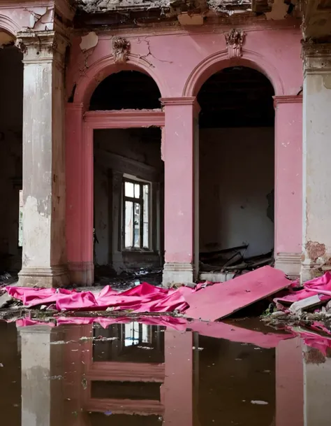 A photo capturing (reflected classical art:1.3) in (standing water:1.2), (juxtaposition of destruction and beauty:1.3), (vivid pink against muted tones:1.2), amidst (ruins of elegance:1.3), scattered debris, (damaged frames:1.1), (mirror-like reflections:1.2), contrast of (preservation and decay:1.3), solemn aftermath, historic (art in a modern plight:1.2), Leica Q2, 1/60s, f/2.8, ISO 800, conceptual depth, serene stillness, narrative of nature's claim, lost grandeur, haunting ambiance, subdued lighting, story in stillness, RAW format, poignant gallery of time's impact.
















































































































