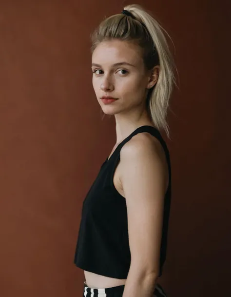 a 20 yo woman,blonde,(hi-top fade:1.4),dark theme,soothing tones,muted colors,high contrast,(natural skin texture, hyperrealism, soft light, sharp),waist up,fashion design,black sport tank top,jogger,(red background:1.1),simple background,