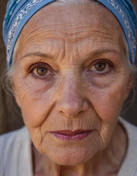 (Deeply wrinkled skin:1.3), (elderly woman:1.2), (penetrating gaze:1.1), blue headwrap, textured face, (rich storytelling:1.2), portrait, (soulful eyes:1.1), dark background, natural light, high detail, (strong character:1.2), Canon EOS 5DS, 1/180s, f/3.5, ISO 800, (expressive lines:1.2), (weathered life experience:1.1), close-up, (vivid contrast:1.1), (subdued warmth:1.1), timeless visage,