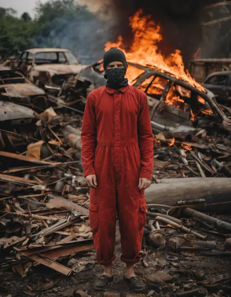 Surreal horror scene, (masked figure:1.3) in (red jumpsuit:1.2), arms outstretched, encircled by (raging flames:1.4), car wreckage in background, chaotic destruction, intense heat distortion, foreboding atmosphere, Sony A7 III, 1/2000s, f/2.8, ISO 500, focused composition, (sense of dread:1.2), vivid orange and red fire colors, high-resolution image, cinematic feel,