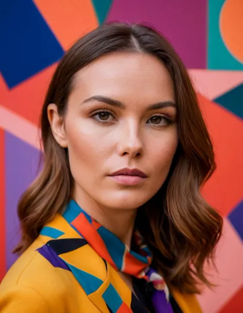 A photo of (creative portrait:1.2) with (bold colorful background:1.1), (geometric shapes:1.1), (abstract composition:1.1), (sharp focus:1.1), (high-resolution:1.1), (Fujifilm X-T3, 1/200s, f/5.6, ISO 400), (raw photography:1.1), (professional quality:1.1).