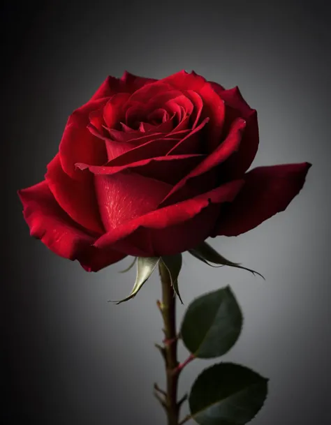 A photo of a (vivid red rose:1.2), cinematic composition, (exceptional lighting:1.1), chiaroscuro effect, deep contrasts between light and shadow, highlighting delicate petals, intricate texture, symbol of passion and beauty, high-resolution, Canon EOS R5, 1/250s, f/2.8, ISO 100, artistic palette, RAW capture, emotional resonance, visual poetry,