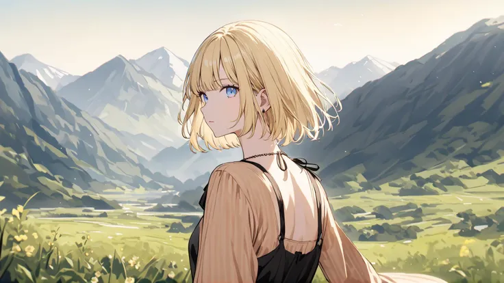 amelia_casual, blonde hair. bob cut, eyes, solo,
casual clothing, mountains, back towards viewer, 
<lora:watson_amelia_sdxl_pony:1>