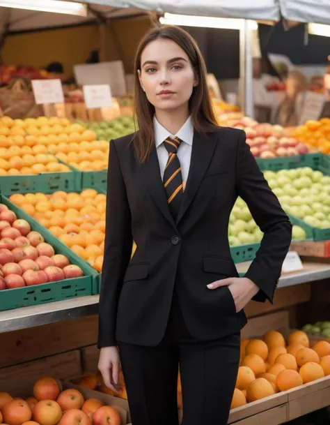 A woman in a stylish black suit with a unique tie stands confidently in front of a vibrant fruit stand, showcasing apples and oranges, Soft, even lighting highlights her features and creates a balanced composition placing her centrally, The fruit stand adds a pop of color and depth to the image, The overall aesthetic focuses on fashion and everyday life,