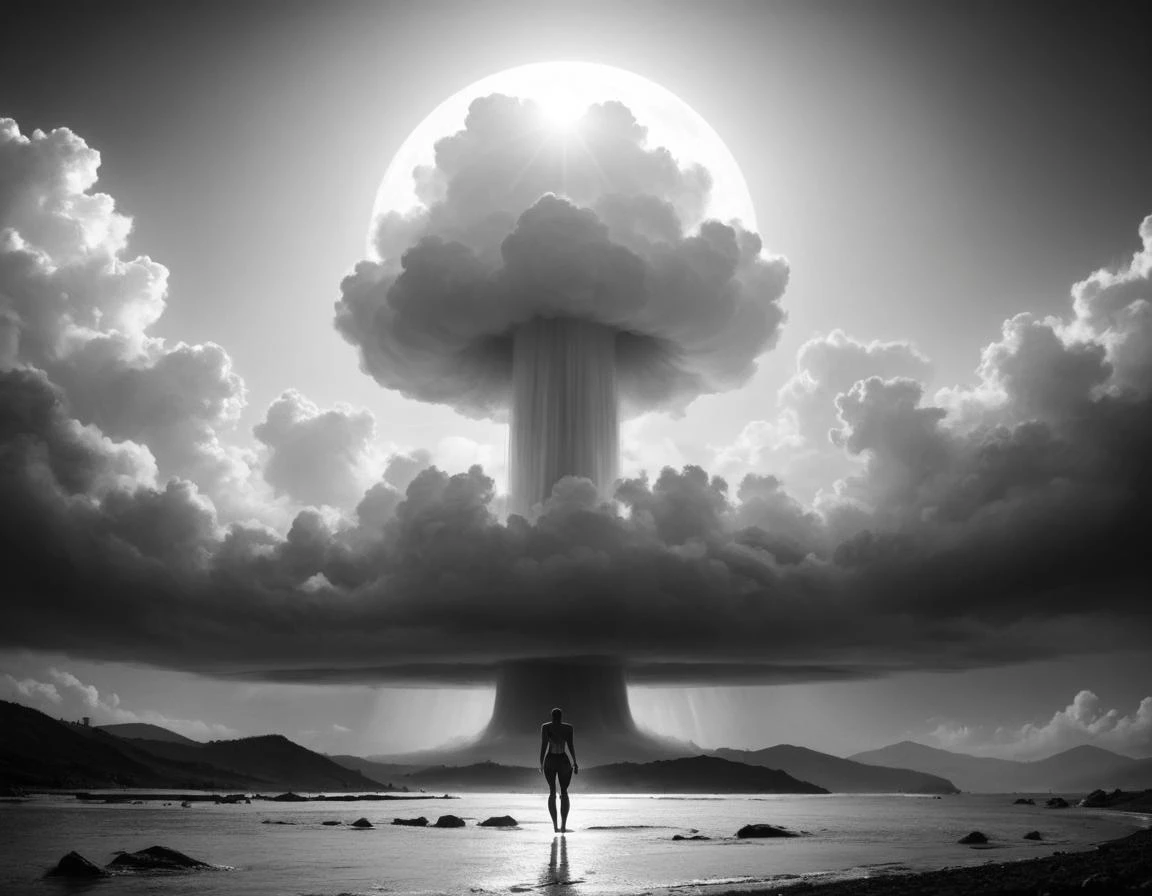 (score_9,score_8_up,score_7_up:1), (1girl, nude), full body, off amateur angle, tanned smooth skin, average body, Gigantic breasts, , thick nipples, shaved pussy, , suspended by piercings to hoist, <lora:Nuclear_Explosion:1> white theme, white nuke
