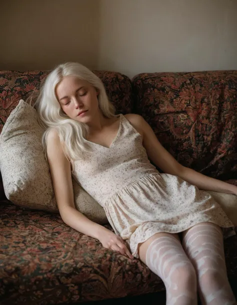 A photo of a (young girl:1.3) with (long white hair:1.2) and (freckles:1.1), (slender legs:1.2) stretched out, (sleeping peacefully:1.1) on a (couch:1.1), (dress pulled up:1.1) revealing (patterned tights:1.1), (soft pillow:1.1) under her (curled head:1.1), (warm ambiance:1.1), (cozy atmosphere:1.1), (subtle shadows:1.1), (Fujifilm X-T4:1.1), 1/125s, f/3.5, ISO 400, (muted color palette:1.1), (slight grain:1.1), (soft focus:1.1), (delicate features:1.1), evocative.
