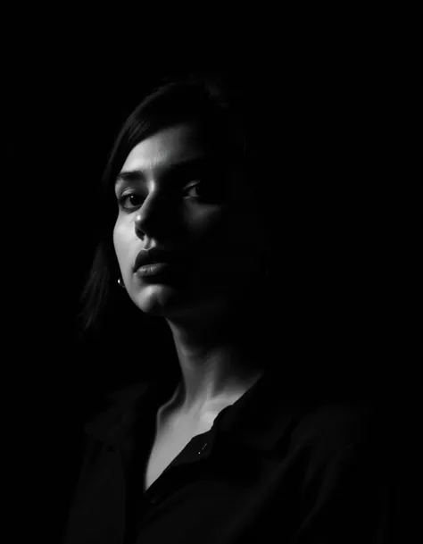 A black and white portrait of a young woman, slightly off-center, with a contemplative expression, lit from the left side, creating a dramatic effect and strong contrasts, against a dark background, resulting in a moody and atmospheric tone, highlighting the emotional impact of the image through its minimalistic composition and strategic use of lighting,