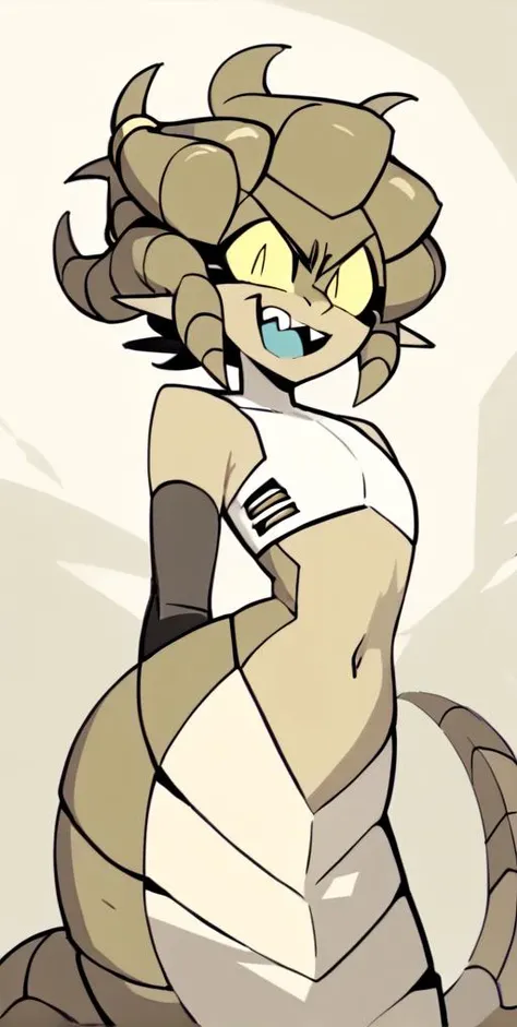 score_9, score_8_up, score_7_up, 1girl, solo, Sabina, gorgon, lamia, monster girl, green skin, yellow sclera, slit eyes, pointy ears, horns, white top, navel, snake tail, looking at you, looking at viewer, smug, open mouth, <lora:Daystone:1> <lora:naip33:1>