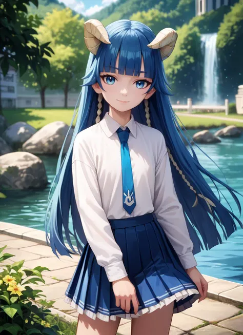 score_9, score_8_up, score_7_up, <lora:KekkonYubiwaMonogatari_SaphirMaasaXL:0.8>, 1girl, solo, closed mouth, light smile, very long hair, blue hair, blue eyes, hair tubes, blunt bangs, horns, SaphirMaasa, flat chest, white shirt, long sleeves, blue necktie, miniskirt, pleated skirt, frilled skirt, blue skirt, standing, looking at viewer, thigh gap, cowboy shot, blurry background, outdoors, day, river, grass, cityscape, , <lora:HandFineTuning_XL:1>,, BRAKE ,score_9, score_8_up, score_7_up, source anime, detailed face, detailed body, best background, detailed background, uncensored,