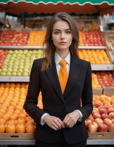 A woman in a stylish black suit with a unique tie stands confidently in front of a vibrant fruit stand, showcasing apples and oranges, Soft, even lighting highlights her features and creates a balanced composition placing her centrally, The fruit stand adds a pop of color and depth to the image, The overall aesthetic focuses on fashion and everyday life,