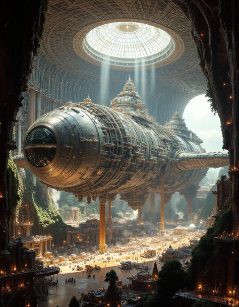 detailed scene of an ancientstyle a colossal spacecraft, industrial and futuristic in design, hovers within an enormous, domed hangar. The ship's exterior is sleek yet intricate, covered in metallic panels and layers of technology. The hangar itself is a vast, curving structure of transparent and metallic materials, bathing the scene in a warm, golden light that filters through the high arches. Below, a sprawling construction yard is busy with cranes, scaffolding, and workers, dwarfed by the sheer scale of the vessel. The scene exudes an atmosphere of grand-scale engineering and sci-fi ambition, where human efforts feel almost insignificant compared to the massive machinery at work. The colors blend the warm glow of artificial lighting with the cool grays of metal and glass, creating a balance between the industrial and the ethereal..<lora:ancient:1> <lora:MidjourneyV6.1:1>