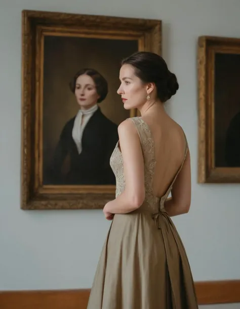 A photo of a (woman in elegant attire:1.2), (classic portraits:1.1) on the walls, (contrasting modernity and tradition:1.3), minimalistic gallery interior, subdued color palette, (back turned to camera:1.1), thoughtful ambiance, (dialogue between past and present:1.2), sharp focus, natural light, mid-length dress, Nikon D850, 1/125s, f/2.8, ISO 800, (silent storytelling:1.2), high resolution, fine art photography, (solemn atmosphere:1.1), (timeless elegance:1.2), RAW capture.