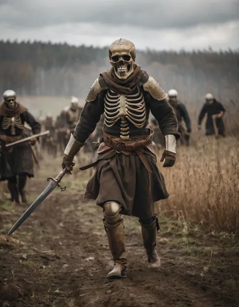 Foreboding scene of a (skeletal warrior:1.3) in (medieval armor:1.2), gripping a (rusted sword:1.1), (skull mask:1.2) with hollow eyes, (battle-worn leather garb:1.1), (ominous battlefield:1.2) in the background with advancing troops, overcast sky, (muted earth tones:1.1), (forests on the horizon:1.1), dynamic action pose, historical fantasy theme, Sony A7R III, 1/500s, f/2.8, ISO 200, evocative storytelling,