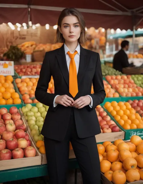 A woman in a stylish black suit with a unique tie stands confidently in front of a vibrant fruit stand, showcasing apples and oranges, Soft, even lighting highlights her features and creates a balanced composition placing her centrally, The fruit stand adds a pop of color and depth to the image, The overall aesthetic focuses on fashion and everyday life,