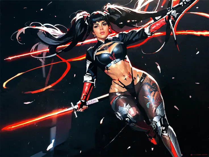 <lora:Andreina_FonsecaV2-10:1>, andreina_fonseca, adult woman, tattoo, black hair, long hair, curvy, clothing_cutout floating_hair_ornament highleg highleg_panties holding holding_sword holding_weapon leggings long_hair mechanical_arms midriff navel panties red_eyes solo sword thigh_cutout twintails underwear very_long_hair weapon white_leggings, <lora:AlexanderMandradjiev:0.8>, zPDXL3, score_9, score_8_up, score_7_up, score_6_up, score_5_up, score_4_up, realistic, real, hyper realistic, (source_real:1.3)