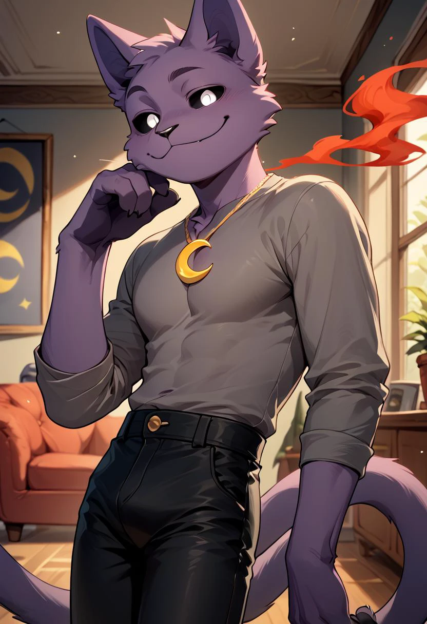 score_9, score_8_up, score_7_up, high quality, hires, catnap, poppy_playtime, furry, male, solo, black sclera, white eyes, long tail, gray tshirt, black pants, cute, seductive, smug, yellow crescent-shaped necklace, red smoke, looking at viewer, room, night, <lora:Cat_Nap_Poppy_Playtime:1>