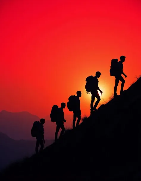 A group of five hikers ascending a steep mountain trail at sunset, silhouetted against a vibrant red sky, creating a striking contrast between the dark figures and the bright backdrop, each hiker carrying a backpack, arranged in a line with the first person leading, their bodies leaning slightly into the climb, their poses suggesting movement and progress, the lighting featuring warm glow of the setting sun casting long shadows and highlighting the contours of the landscape, the red sky adding a dramatic touch to the scene, overall balanced and harmonious composition, capturing a moment of shared experience and camaraderie among