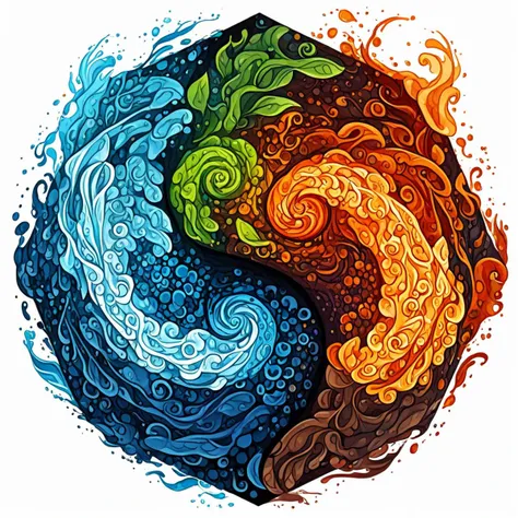 a hexagonal corporate logo shows aerated clouds of water and roiling flames of fire entwined in a yin-yang spiral, leaves and stones form delineation between the two halves, minimalist vector illustration, patterns and smooth gradients, balance of complementary colors, symmetrical composition, professional commercial art asset