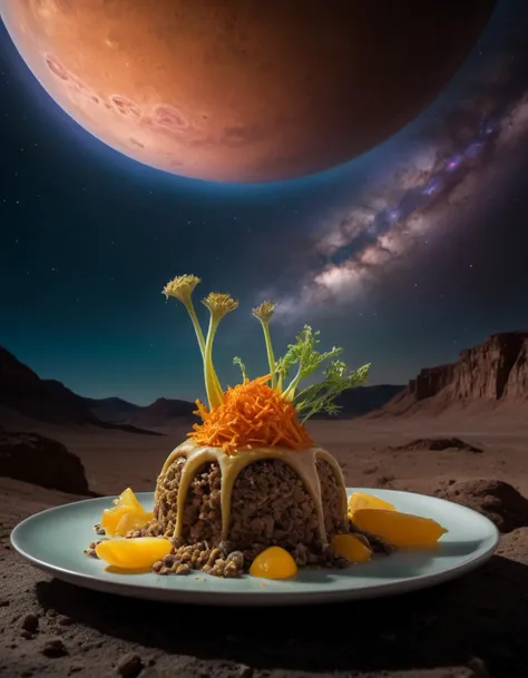 A photo of (extraterrestrial cuisine:1.3), from a distant solar system, (vibrant alien ingredients:1.2), professionally captured, (otherworldly presentation:1.1), (luminous textures:1.2), interstellar culinary art, surreal edible landscape, (high-definition focus:1.1), contrasting alien flavors, Canon EOS R5, 1/125s, f/2.8, ISO 100, (ethereal lighting:1.2), (sharp color contrasts:1.1), high-quality gastronomy photography, cosmic gastronomy, (immaculate plating technique:1.1), fantasy food artistry, RAW capture, professional lens, culinary imagination unleashed,