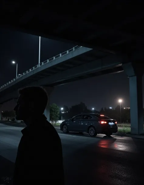 A dramatic nighttime scene under a bridge, featuring a man in the foreground, a car in the background, and a stark contrast between light and shadow, The man stands to the left, gazing towards the right, where the car is parked, The bridge, with its wet surface, arches over the scene, reflecting the lights from above, The lighting creates a tense atmosphere, highlighting the man and the car against the darkness of the bridge and the night sky,