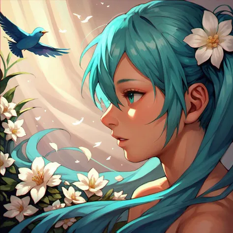 1girl, solo, long hair, hatsune miku, flower, bird, parted lips, profile, bangs, aqua hair, aqua eyes, white flower, portrait, chromatic aberration, hair between eyes, petals, hair flower,
score_9,score_8_up,score_7_up,score_6_up,