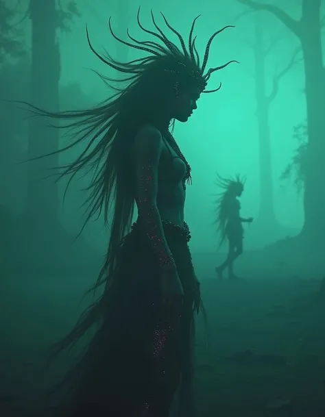mysterious horror cinematic still of 20 years old tribal alien woman on a alien ocean planet barely visible through the mist, silhouette, scifi, (alien woman:1.2),colorful skin, spores, bioluminescence, snake eyes, crest, tentacles, mist, mysterious glimmering outfit, tribal dance, from side, eldritch abomination, sports,heartwarming,cultural preservation,sweet,museums,interactive,abandoned,unclear,complicated,other-dimensional,