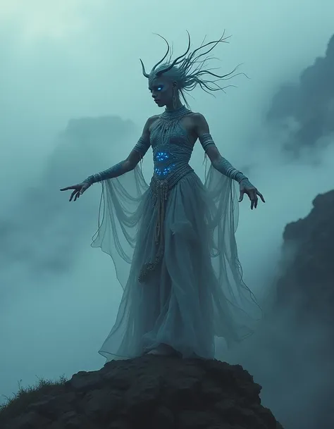 Here's a possible image description for the given text:
**Image:** The Shrouded Dancer of Xeridia
The image is a hauntingly beautiful, cinematic still that captures a moment of otherworldly mystery, The subject is a 20-year-old tribal alien woman, her face and body partially shrouded in mist that clings to the rugged, alien mountain terrain,
She stands atop a windswept peak, her silhouette stark against the swirling vapors, Her skin glows with a vibrant, iridescent sheen, as if infused with the essence of bioluminescent spores that dance across her arms and torso, Her eyes gleam like polished cat's eyes, filled with an ancient wisdom and a hint of mischief,
A delicate crest adorns her forehead, shaped like the curved horns of a twisted, extraterrestrial creature, Long, sinuous tentacles sprout from her back, as if rooted in the very mist itself, their tips quivering with an eerie energy,
The alien woman's outfit is a masterpiece of tribal artistry, its colors and textures shifting and rippling like the surface of a gemstone, The garment appears to be woven from threads that shimmer and glow with an otherworldly intensity, as if infused with the essence of eldritch energies, Delicate patterns and symbols are etched into the fabric, pulsing with a life-giving power,
As she raises her arms, the mist parts, revealing a glimpse of her hands, adorned with ornate jewelry that seems to be crafted from a material that is both luxurious and nightmarish, The overall effect is one of mesmerizing beauty, tempered by an aura of foreboding and unease,
In the distance, a hint of twisted, alien architecture can be seen, shrouded in mist and shadow, as if the very fabric of reality has been warped and distorted to accommodate some eldritch abomination, The air is heavy with an unseen presence, as if the woman's dance has awakened a virulent force that threatens to consume everything in its path,
The image exudes an atmosphere of gourmet, unbridled energy, like a feast for the senses that promises both wonder and terror, It's a moment frozen in time, inviting the viewer to step into the realm of Xeridia, where life-giving forces clash with eldritch terrors, and the boundaries between reality and illusion are blurred beyond recognition, (alien woman:1.2), (&:0)