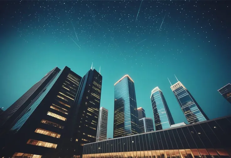 microworldslora, analog photo, dark-tone, retro-wave-color, ( Unmanned:1.2), night city scape and high-rise officebuildings, from below view, starry sky,