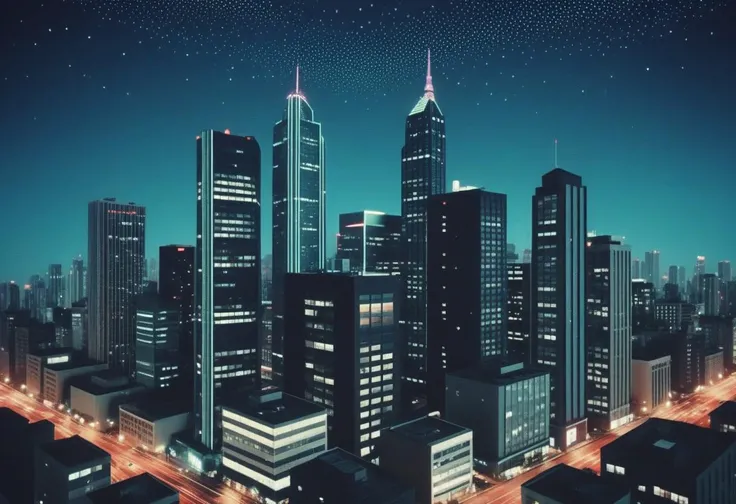 microworldslora, analog photo, dark-tone, retro-wave-color, high-rise officebuildings in the night city, ( Unmanned:1.2), starry sky,