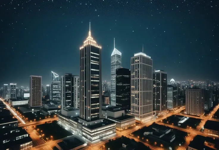 microworldslora, analog photo, dark-tone, high-rise officebuildings in the night city, ( Unmanned:1.2), starry sky,