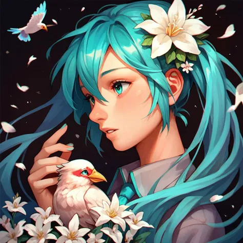 1girl, solo, long hair, hatsune miku, flower, bird, parted lips, profile, bangs, aqua hair, aqua eyes, white flower, portrait, chromatic aberration, hair between eyes, petals, hair flower,
score_9,score_8_up,score_7_up,score_6_up,