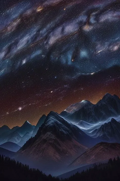 Stunning view of a (starry night sky:1.3) showcasing the (Milky Way galaxy:1.5) in all its glory, (vibrant colors:1.2), (twinkling stars:1.1), serene landscape below, (silhouetted mountains:1.2), (soft glow:1.1) from distant stars, (dramatic lighting:1.3), by (Ansel Adams:1.4), high definition, breathtaking, tranquil atmosphere.