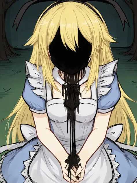 BREAK Perfect Anatomy、(High resolution:1.2)、Incredible illustrations、(Cute illustrations:1.2)、（Beautiful background） Alice in Wonderland(facepalm,despair,tears),(a girl,  1.6meters, 40kg,bloody:1.5),Torn stuffed rabbit、Full body view (cthulhu)