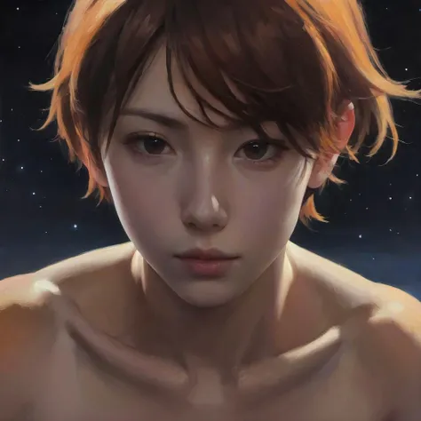 ((anime oil painting)), ((short cute stocky-gymnastic nude Dutch/Japanese girl standing on desolate heath at night)), ((flexing pose)), short dark-ginger side-swept emo-cut hair with undercut, ((medium breasts)), ((prominent mons-pubis)), ((pubic hair)), (narrow hips), (tanned skin), Intricate textures, (high detailed skin:1.7),