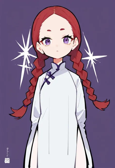 score_9, score_8_up, score_7_up, 1girl, purple eyes, red hair, forehead, long hair, looking at viewer, (low twin braids), parted bangs, sidelocks, solo, cowboy shot, purple background, white dress, vietnamese dress