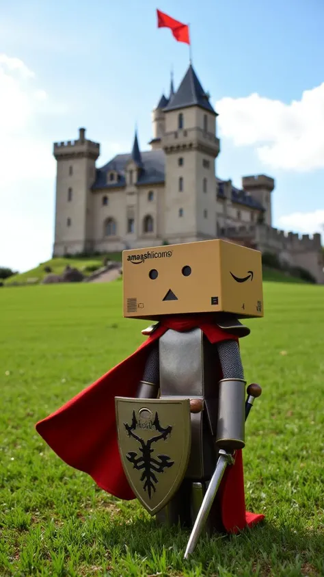 "aidmaDanbo as a knight, standing in front of a medieval castle, holding a shield and sword, with the castle's banners flying in the wind."