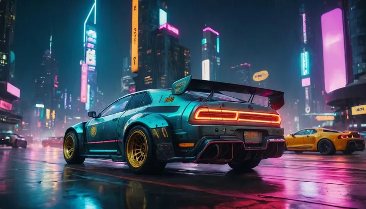 A photo of a (cyberpunk rally car:1.3), sleek aerodynamics, neon underglow, (futuristic mods:1.2), standing against a backdrop of neon-lit skyscrapers, rain-slicked streets, (holographic advertisements:1.1), (aggressive tire treads:1.1), speeding motion blur, mesh of old-school rally and future tech, contrasting eras, HD resolution, vivid color highlights, chrome and matte finishes, gritty urban ambiance, wide-angle perspective, RAW photography, professional grade,