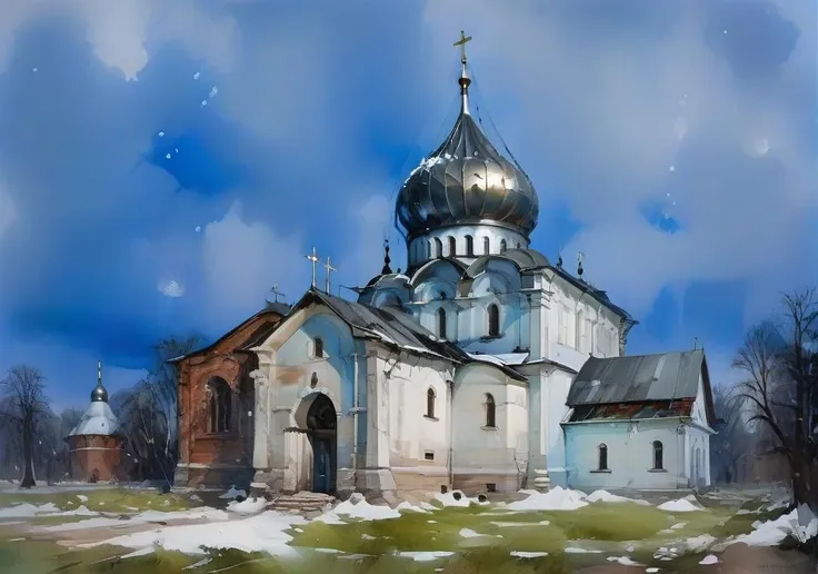 ancient Russian cathedral in winter, oil and watercolor painting, <lora:oil_and_watercolor_painting:0.8>
