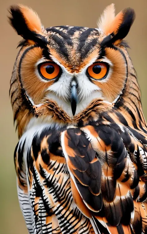 Wildlife close-up, (intense orange eyes:1.4) of a (European Eagle-Owl:1.3), (mottled plumage:1.2), (sharp beak:1.1), (feather tufts:1.2), neutral background, detailed texture, (focused stare:1.3), (predatory instinct:1.2), natural colors, Canon EOS 7D Mark II, 1/320s, f/6.3, ISO 400, (stunning clarity:1.4), (portrait of vigilance:1.3)