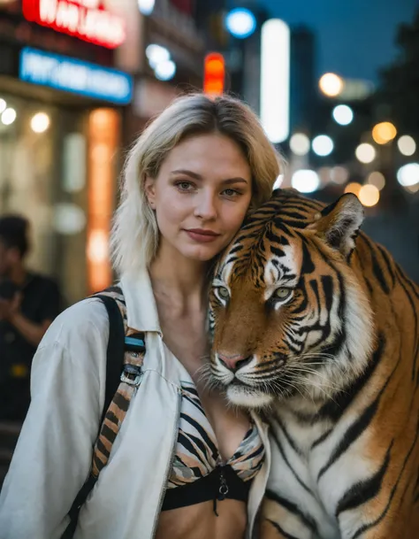 A photo of an (Albino woman:1.1), embracing a (majestic Bengal tiger:1.3) with mutual affection, both featuring cybernetic enhancements, neon-striped fur, tiger's glowing eyes, woman and tiger resting on a (futuristic metal ledge:1.2), overlooking a (dystopian cyberpunk cityscape:1.1) with holographic billboards, woman's tongue playfully out, immersed in a cyber-augmented reality, high-tech animal, surrounded by a (muted jungle ambiance:1.1) and synthetic atmosphere, captured with a Nikon Z9, 1/250s, f/6.3, ISO 640, showcasing vivid colors, under the theme of cybernetic wildlife concept, UHD clarity, in RAW format.