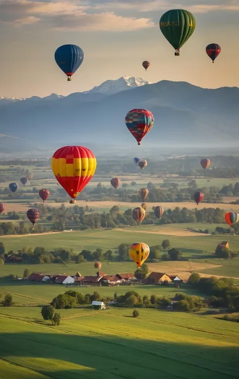 "Hot air balloon festival, (vibrant spectrum of colors:1.3), clear blue skies, (early morning light:1.2), balloons in various stages of ascent, sprawling green fields, distant mountain backdrop, (feeling of celebration:1.1), crisp visibility, Canon EOS-1D X, 1/500s, f/8.0, ISO 100, large-scale event, (sense of adventure:1.2), (festive atmosphere:1.3), panoramic view, dynamic composition, high-resolution image, (joyous outdoor gathering:1.1)