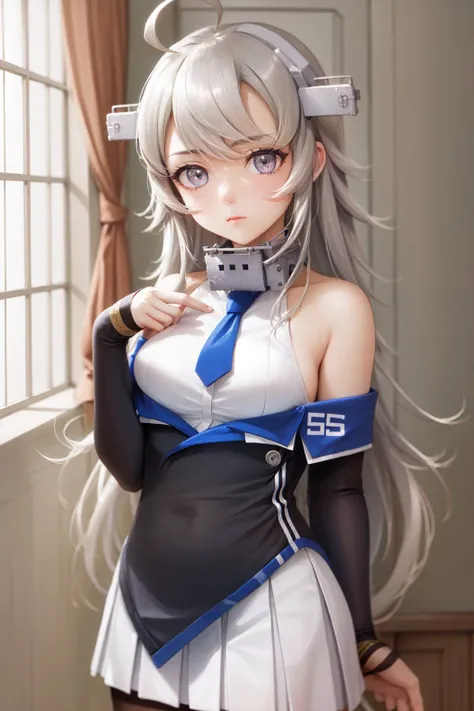 (masterpiece, best quality:1.2), <lyco:kancolle_washington-12:1.0>, cowboy shot, solo, 1girl, kcwashington, expressionless, looking at viewer, ahoge, headgear, sleeveless, off shoulder, white shirt, blue necktie, pleated skirt, pantyhose