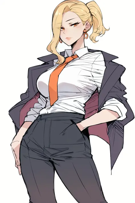 score_9, score_8_up, score_7_up, score_6_up, score_5_up, score_4_up, source_anime, ratatatat74, sketch, (mature female:1.2), 1girl, blonde hair, necktie, solo, orange necktie, shirt, jacket, white background, white shirt, (jacket on shoulders:1.2), jewelry, black pants, black jacket, looking at viewer, earrings, simple background, ponytail, bangs, pants, formal, brown eyes, cowboy shot, suit, collared shirt, (sleeves rolled up, hands in own pockets:1.1), orange eyes, medium hair,   <lora:Ratpony-000007:1>